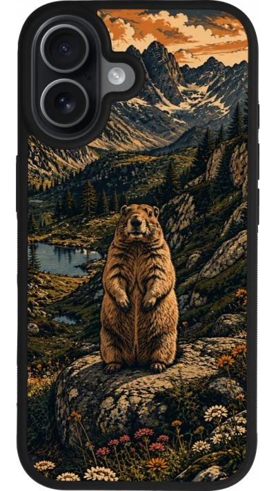 Coque iPhone 17 - Silicone rigide noir Linocut Marmotte