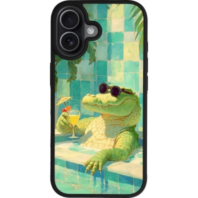 Coque iPhone 17 - Silicone rigide noir Crocodile in the swimming pool Summer 2026