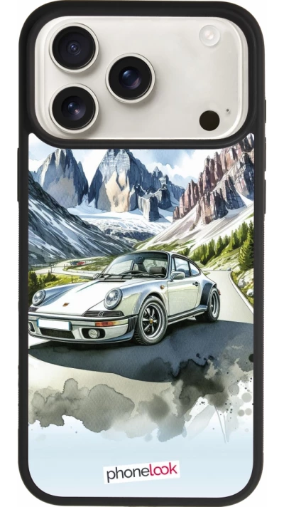 Coque iPhone 17 Pro Max - Silicone rigide noir Porsche 911 Mountain Watercolor