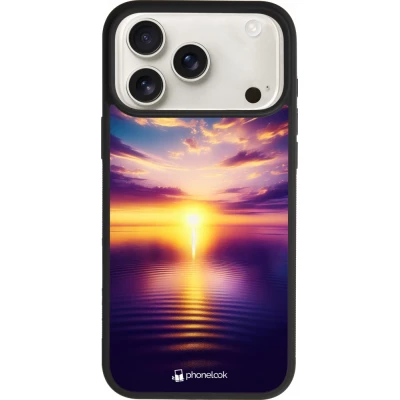 Coque iPhone 17 Pro Max - Silicone rigide noir Coucher soleil jaune violet