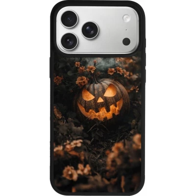 Coque iPhone 18 Pro Max / 17 Pro Max - Silicone rigide noir Halloween 2025 Pumpkin with flowers
