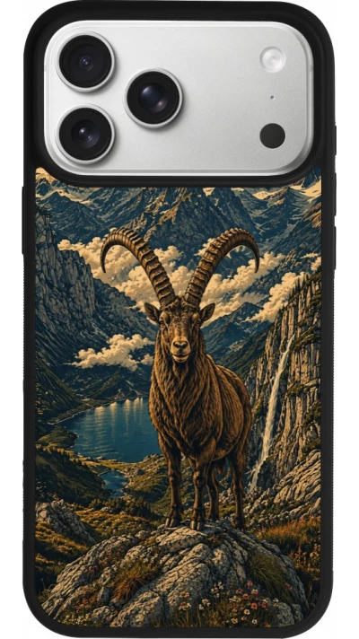 iPhone 17 Pro Max Case Hülle - Silikon schwarz Linocut Steinbock