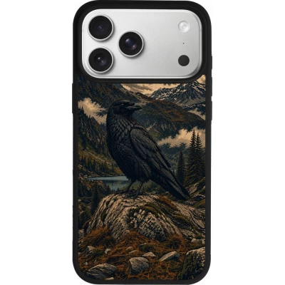Coque iPhone 17 Pro Max - Silicone rigide noir Linocut Grand Corbeau
