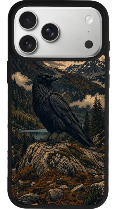 Coque iPhone 17 Pro Max - Silicone rigide noir Linocut Grand Corbeau
