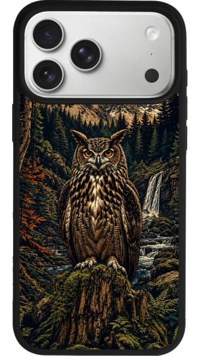 Coque iPhone 17 Pro Max - Silicone rigide noir Linocut Grand-Duc
