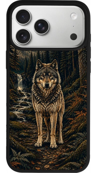 Coque iPhone 17 Pro Max - Silicone rigide noir Linocut Loup