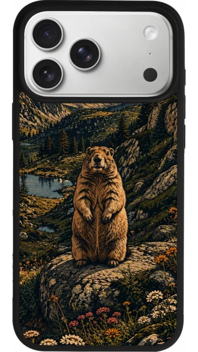 Coque iPhone 17 Pro Max - Silicone rigide noir Linocut Marmotte