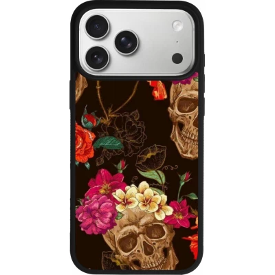 Coque iPhone 18 Pro Max / 17 Pro Max - Silicone rigide noir Skulls and flowers