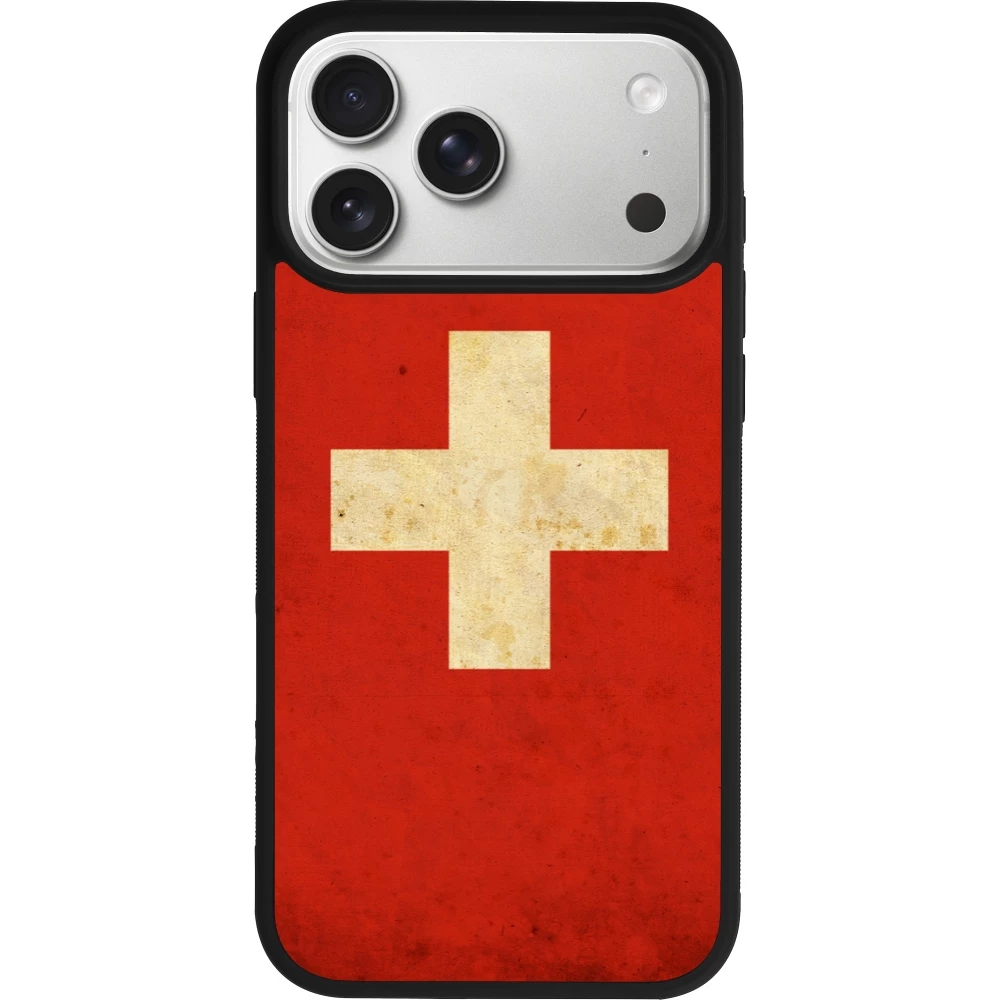 Coque iPhone 17 Pro Max - Silicone rigide noir Vintage Flag SWISS
