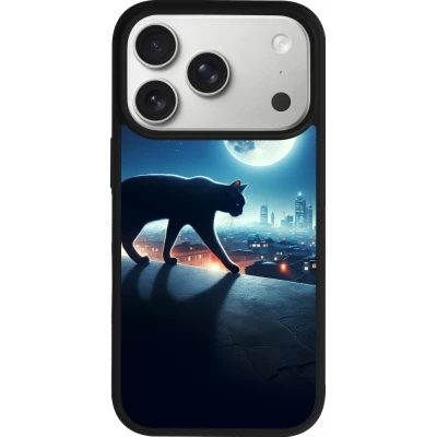 Coque iPhone 18 Pro / 17 Pro - Silicone rigide noir Chat noir sous la pleine lune