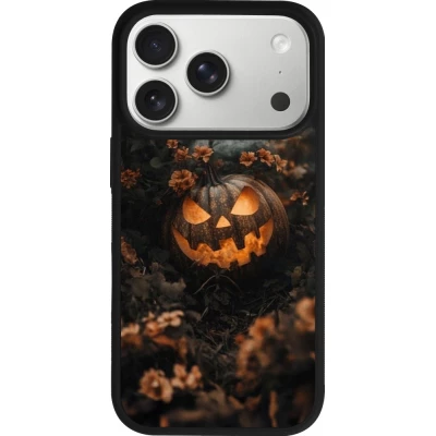 Coque iPhone 17 Pro - Silicone rigide noir Halloween 2025 Pumpkin with flowers