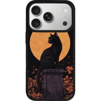 Coque iPhone 18 Pro / 17 Pro - Silicone rigide noir Halloween 2026 Cat Art Nouveau