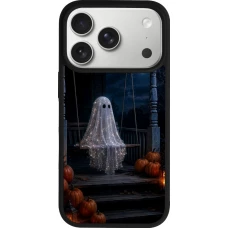 Coque iPhone 18 Pro / 17 Pro - Silicone rigide noir Halloween 2026 Ghost on a swing