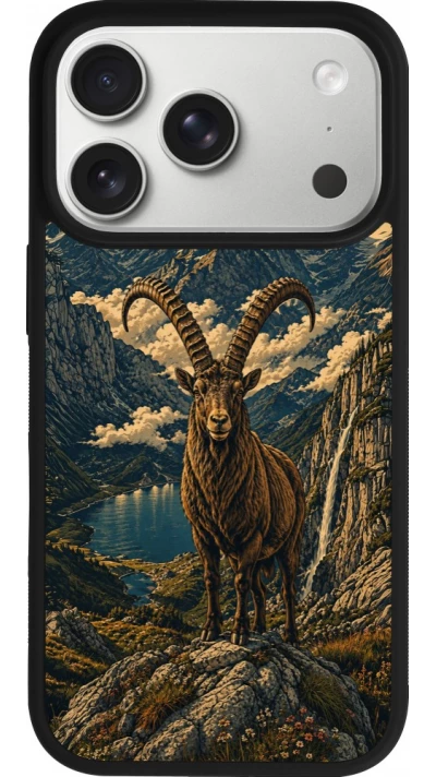 iPhone 17 Pro Case Hülle - Silikon schwarz Linocut Steinbock