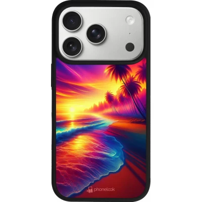 Coque iPhone 18 Pro / 17 Pro - Silicone rigide noir Plage coucher soleil flashy