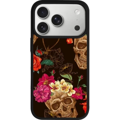 Coque iPhone 17 Pro - Silicone rigide noir Skulls and flowers