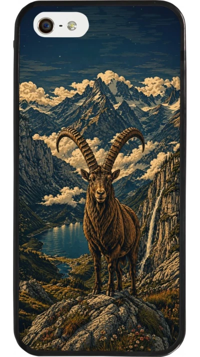 Coque iPhone 5/5s / SE (2016) - Silicone rigide noir Linocut Bouquetin