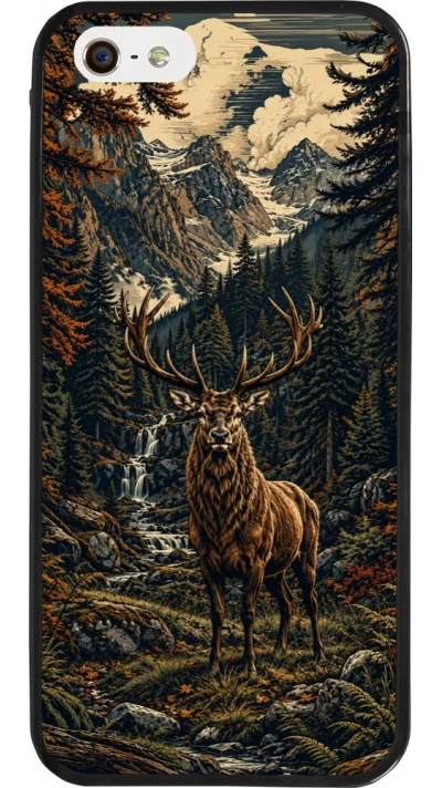 Coque iPhone 5/5s / SE (2016) - Silicone rigide noir Linocut Cerf