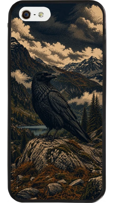 Coque iPhone 5/5s / SE (2016) - Silicone rigide noir Linocut Grand Corbeau