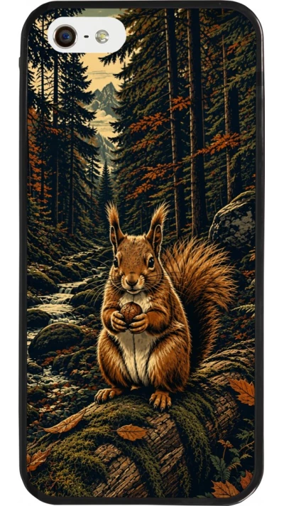 Coque iPhone 5/5s / SE (2016) - Silicone rigide noir Linocut Ecureuil