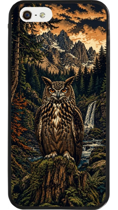 Coque iPhone 5/5s / SE (2016) - Silicone rigide noir Linocut Grand-Duc
