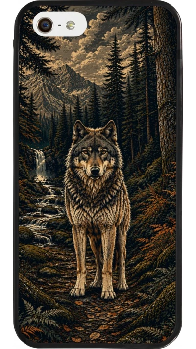Coque iPhone 5/5s / SE (2016) - Silicone rigide noir Linocut Loup