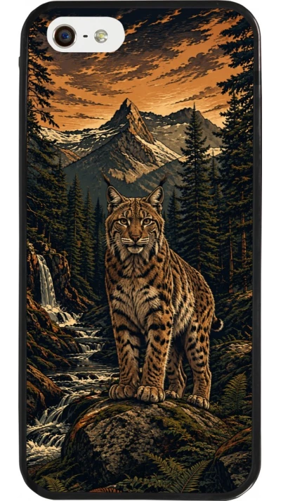 Coque iPhone 5/5s / SE (2016) - Silicone rigide noir Linocut Lynx