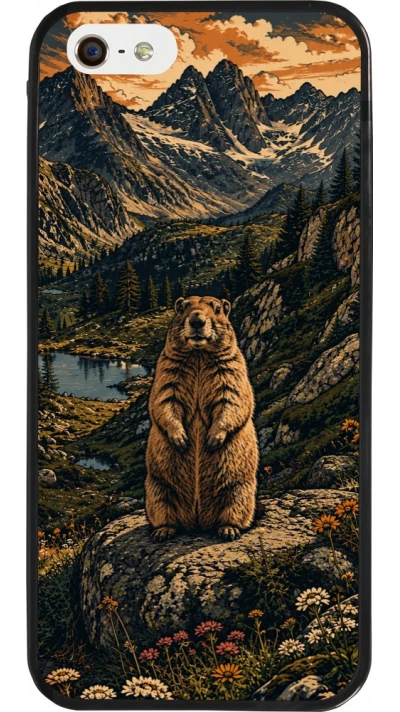 Coque iPhone 5/5s / SE (2016) - Silicone rigide noir Linocut Marmotte