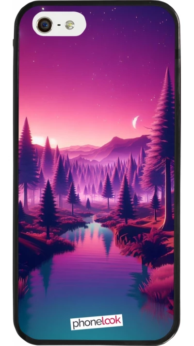 Coque iPhone 5/5s / SE (2016) - Silicone rigide noir Paysage Violet-Rose