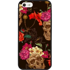 Coque iPhone 5/5s / SE (2016) - Silicone rigide noir Skulls and flowers