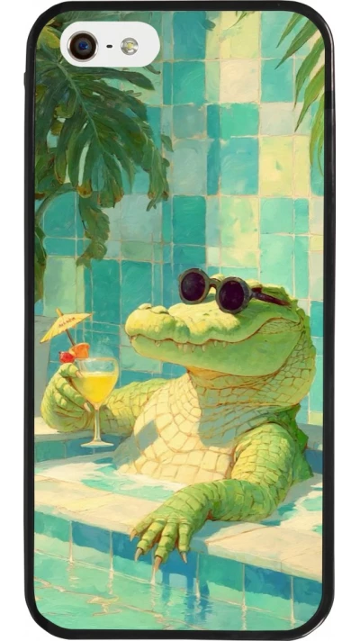 Coque iPhone 5/5s / SE (2016) - Silicone rigide noir Crocodile in the swimming pool Summer 2026
