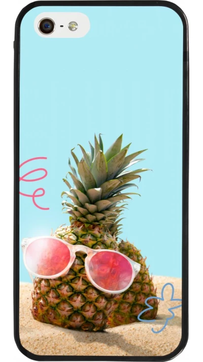 Coque iPhone 5/5s / SE (2016) - Silicone rigide noir Pineapple with glasses Summer 2026