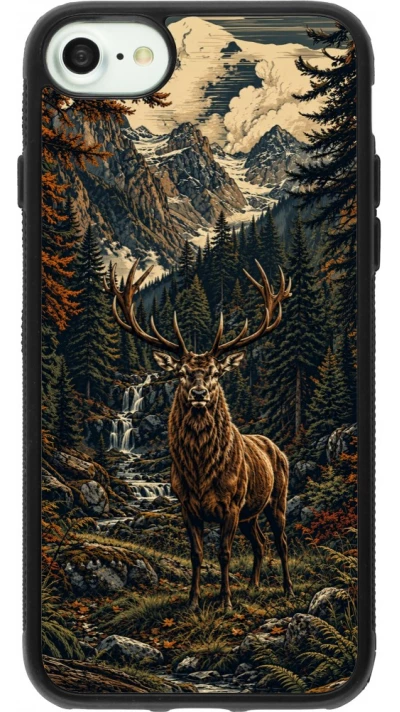 Coque iPhone 7 / 8 / SE (2020, 2022) - Silicone rigide noir Linocut Cerf