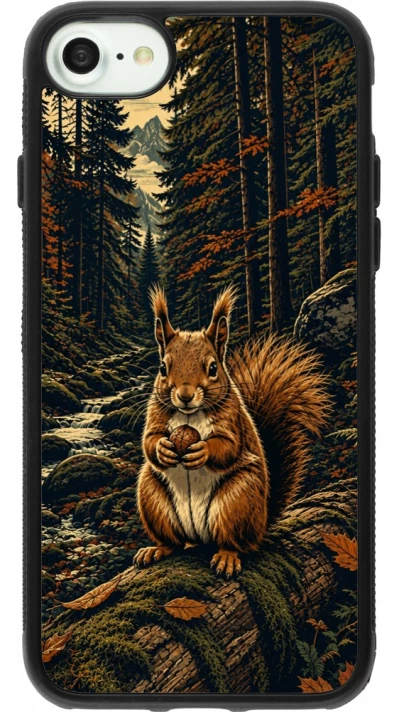 Coque iPhone 7 / 8 / SE (2020, 2022) - Silicone rigide noir Linocut Ecureuil