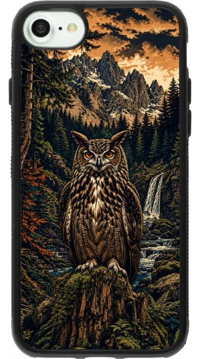 Coque iPhone 7 / 8 / SE (2020, 2022) - Silicone rigide noir Linocut Grand-Duc