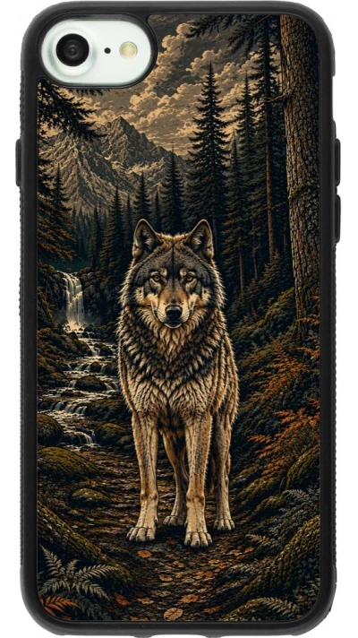 Coque iPhone 7 / 8 / SE (2020, 2022) - Silicone rigide noir Linocut Loup