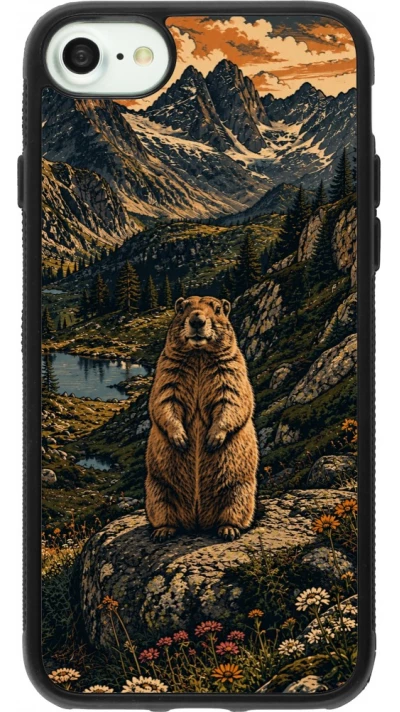 Coque iPhone 7 / 8 / SE (2020, 2022) - Silicone rigide noir Linocut Marmotte