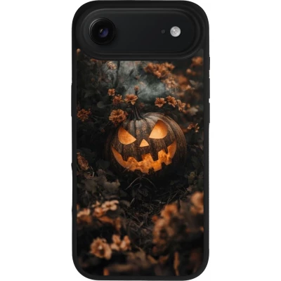 Coque iPhone Air - Silicone rigide noir Halloween 2025 Pumpkin with flowers