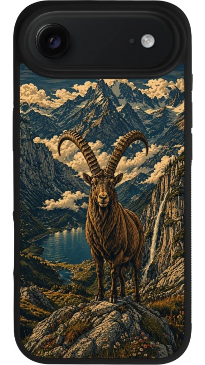 Coque iPhone Air - Silicone rigide noir Linocut Bouquetin