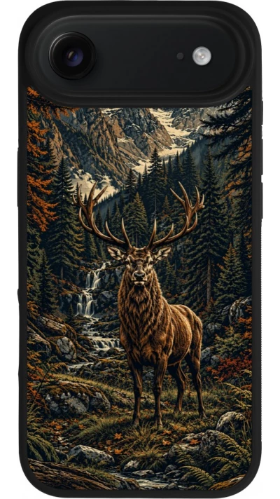 Coque iPhone Air - Silicone rigide noir Linocut Cerf