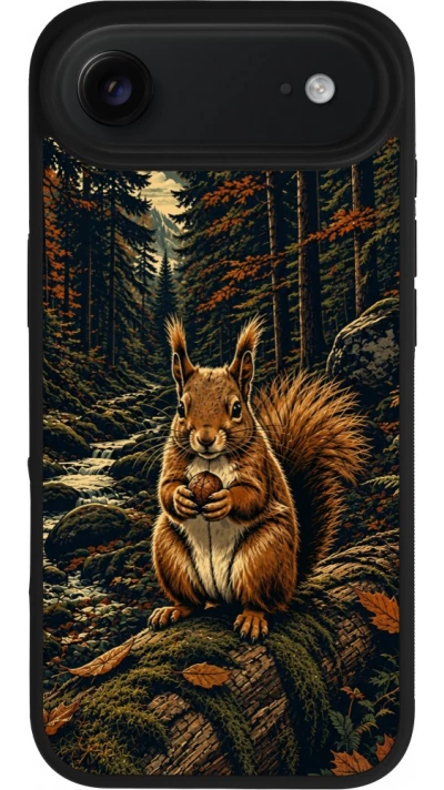Coque iPhone Air - Silicone rigide noir Linocut Ecureuil