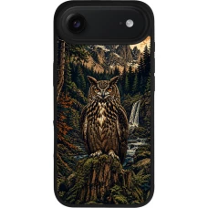 Coque iPhone Air - Silicone rigide noir Linocut Grand-Duc