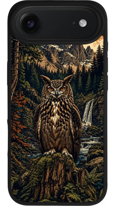 Coque iPhone Air - Silicone rigide noir Linocut Grand-Duc