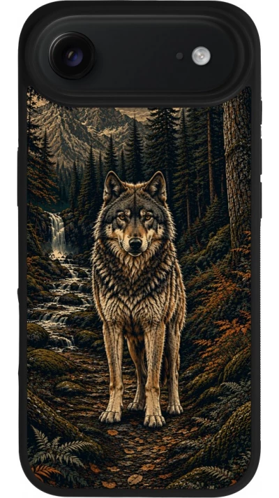 Coque iPhone Air - Silicone rigide noir Linocut Loup
