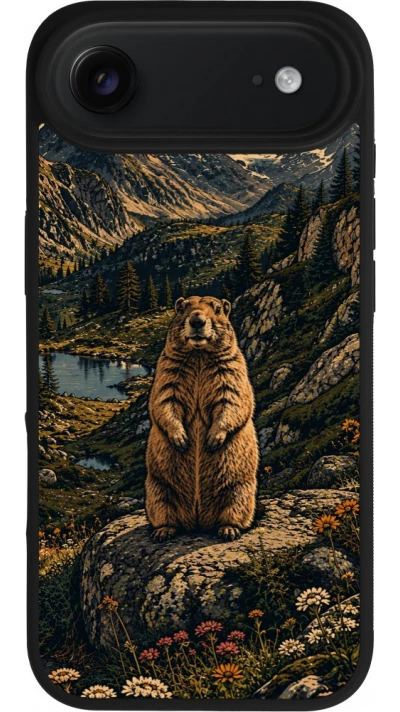 Coque iPhone Air - Silicone rigide noir Linocut Marmotte