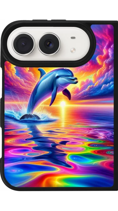 Coque iPhone Duo - Silicone rigide noir Dauphin arc-en-ciel heureux