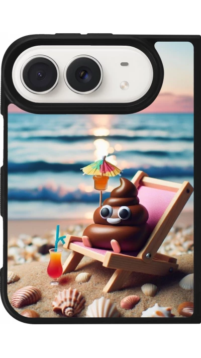 Coque iPhone Duo - Silicone rigide noir Emoji caca sur chaise longue