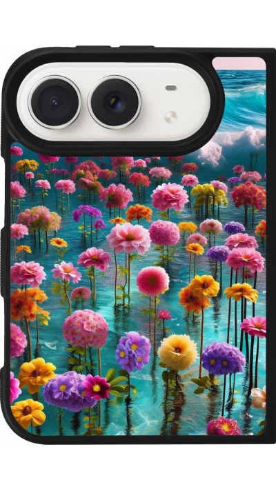 Coque iPhone Duo - Silicone rigide noir Flower sea waves
