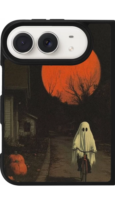 Coque iPhone Duo - Silicone rigide noir Halloween 2025 Ghost on a bicycle