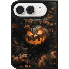 Coque iPhone Duo - Silicone rigide noir Halloween 2025 Pumpkin with flowers